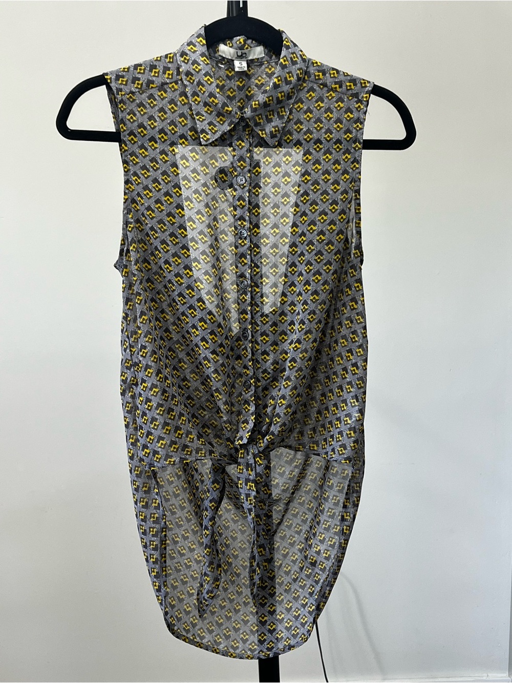 Ya Los Angeles Geometric Print Sheer Blouse , Button Front, Tie Waist Size S